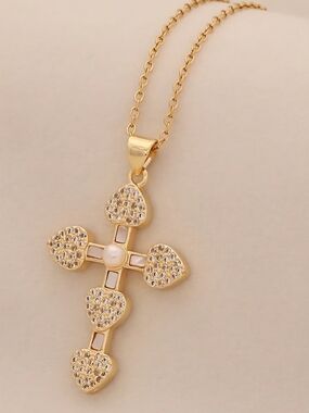 Gold Heart Cross Pendant Necklace with Pearl Accent - Women Jewelry
